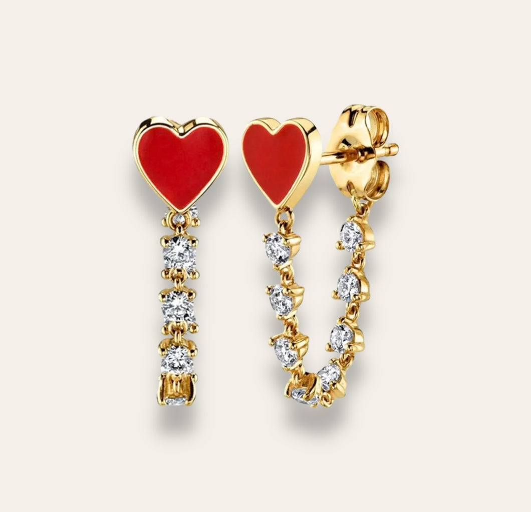 Cz Chain Red Heart Earrings