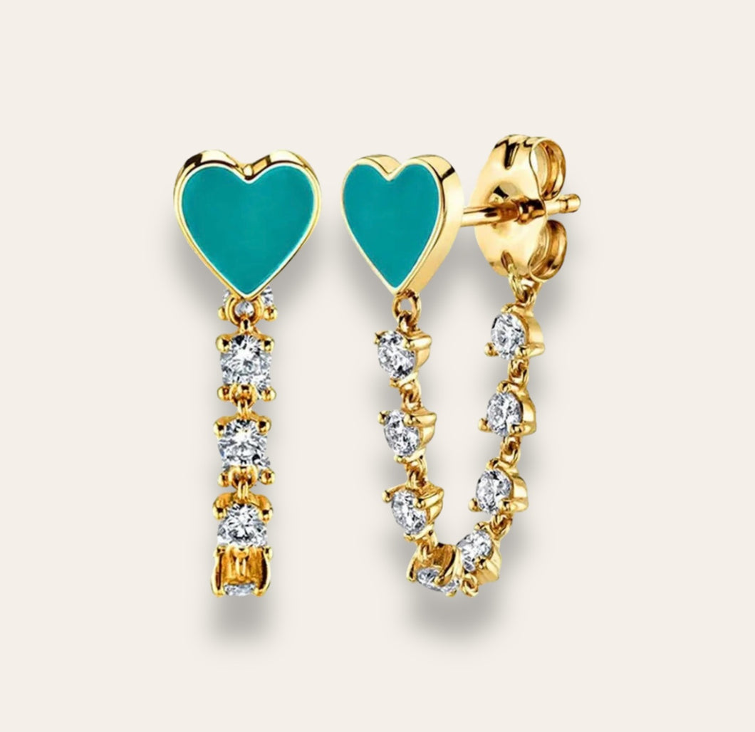 Cz Chain Turquoise Heart Earrings