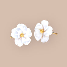 Load image into Gallery viewer, Close-up of Mother of Pearl Daisy Flower Earrings on a jewelry display.
