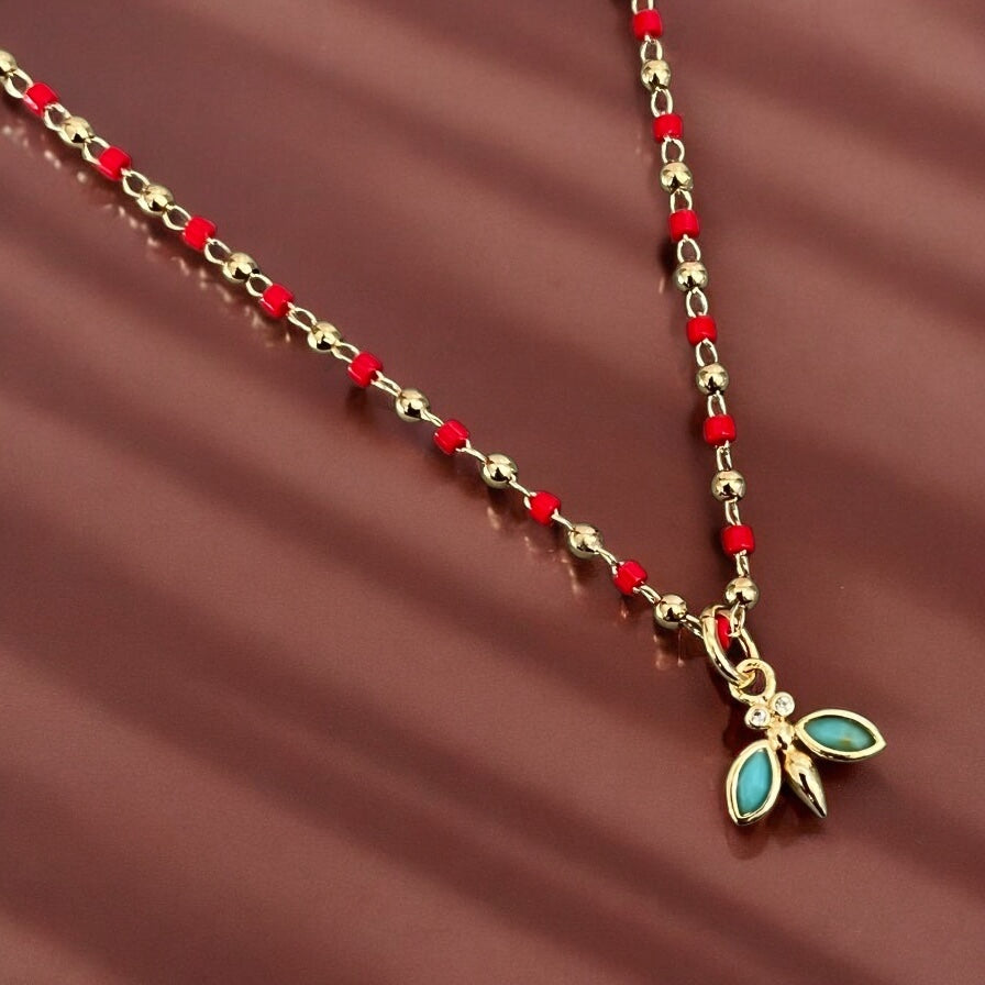 Guided by Light Necklace – Turquoise Dragonfly on Red Bead Chain