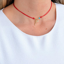 Load image into Gallery viewer, Red cord necklace with gold Cornicello charm and CZ initial pendant.
