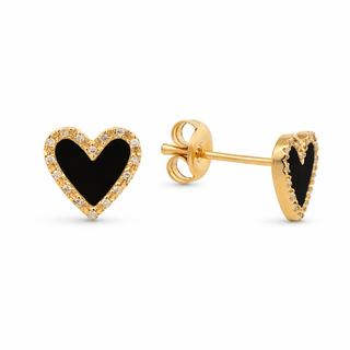 14K Solid Gold Black Onyx and Diamond Heart Stud Earrings - Georgina Nicol
