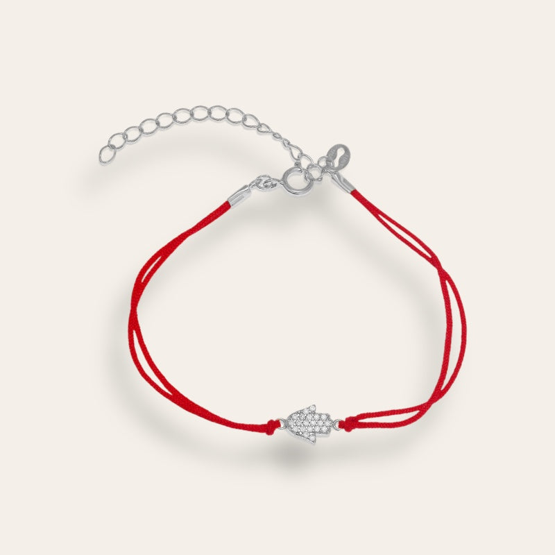 Red String Silver Hamsa Hand Bracelet
