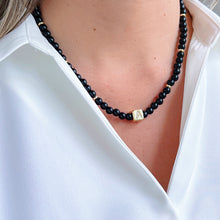 Load image into Gallery viewer, Black Onyx Bead Necklace with Cube Cz Initial Charm
