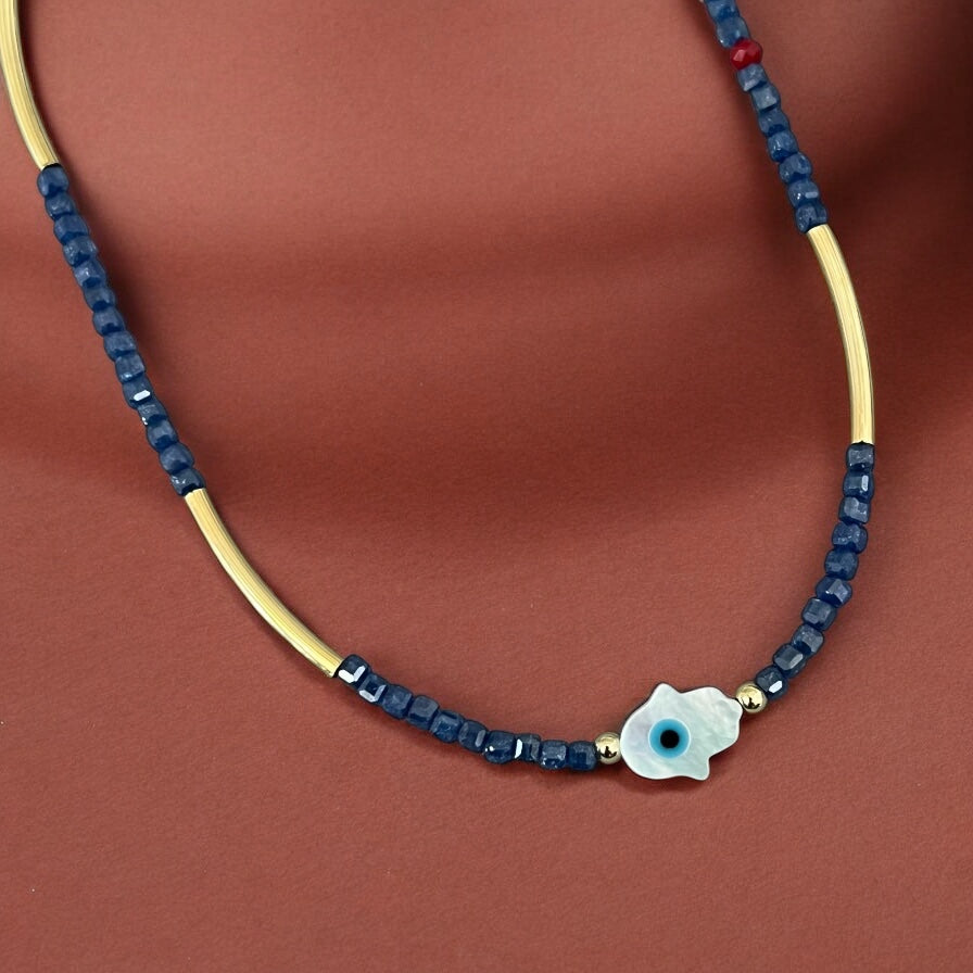 Protection & Clarity Necklace – Mother of Pearl Hamsa with Blue Crystals