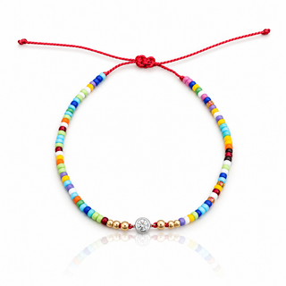 Multicolor bead red string bracelet with 3mm cubic zirconia center and Gold Filled beads
