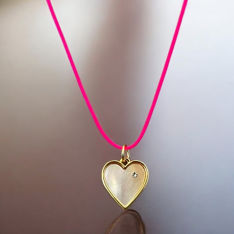 Love & Light Necklace – Mother of Pearl Heart on Fuchsia String