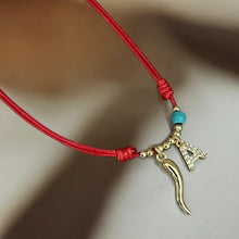 Load image into Gallery viewer, Protection, Good Luck &amp; Personal Style - Red Cord Necklace with Gold Cornicello &amp; CZ Initial

