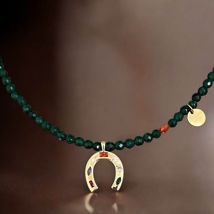 Lucky Energy Necklace – Green Crystal Beads & Multicolor Horseshoe
