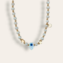 Load image into Gallery viewer, Opal Hamsa Hand Freshwater Pearl Choker Necklace
