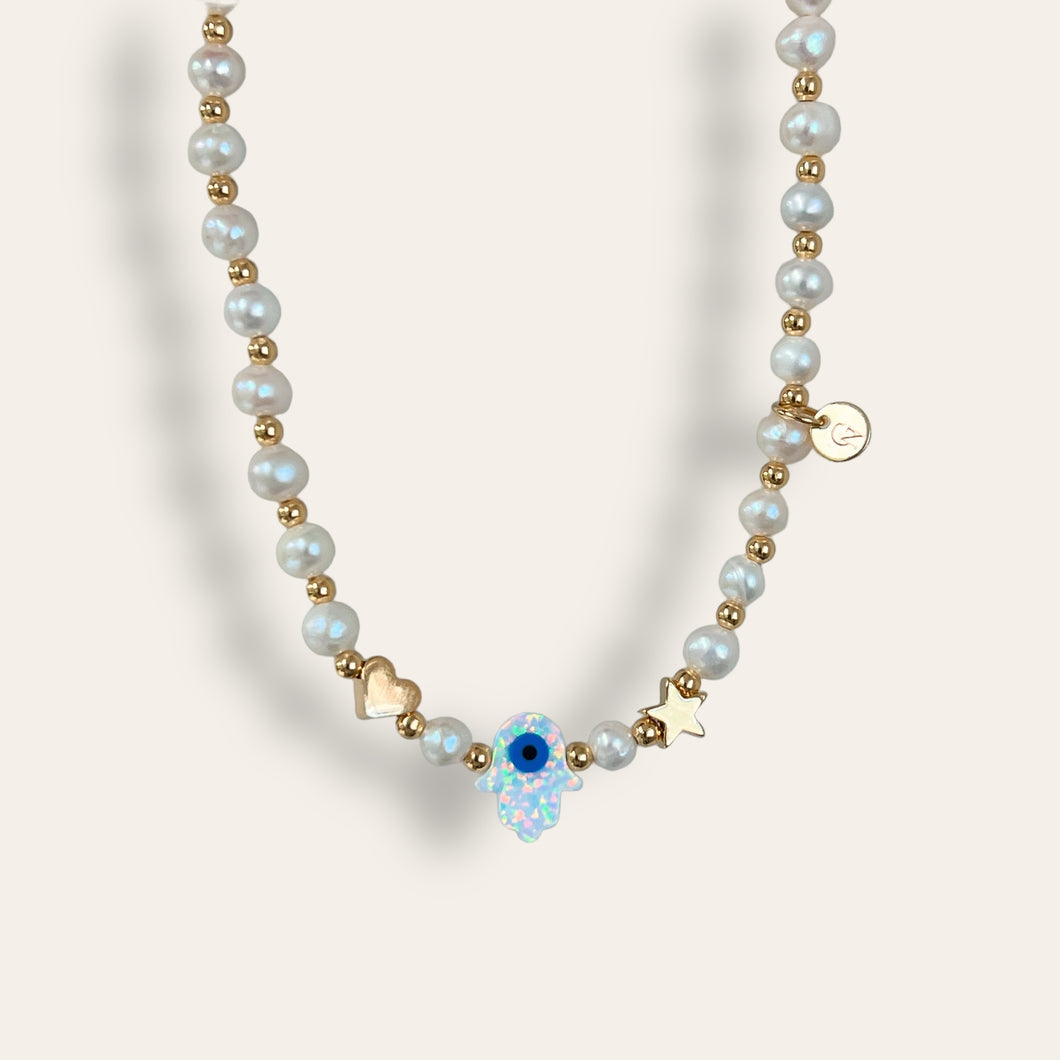 Opal Hamsa Hand Freshwater Pearl Choker Necklace