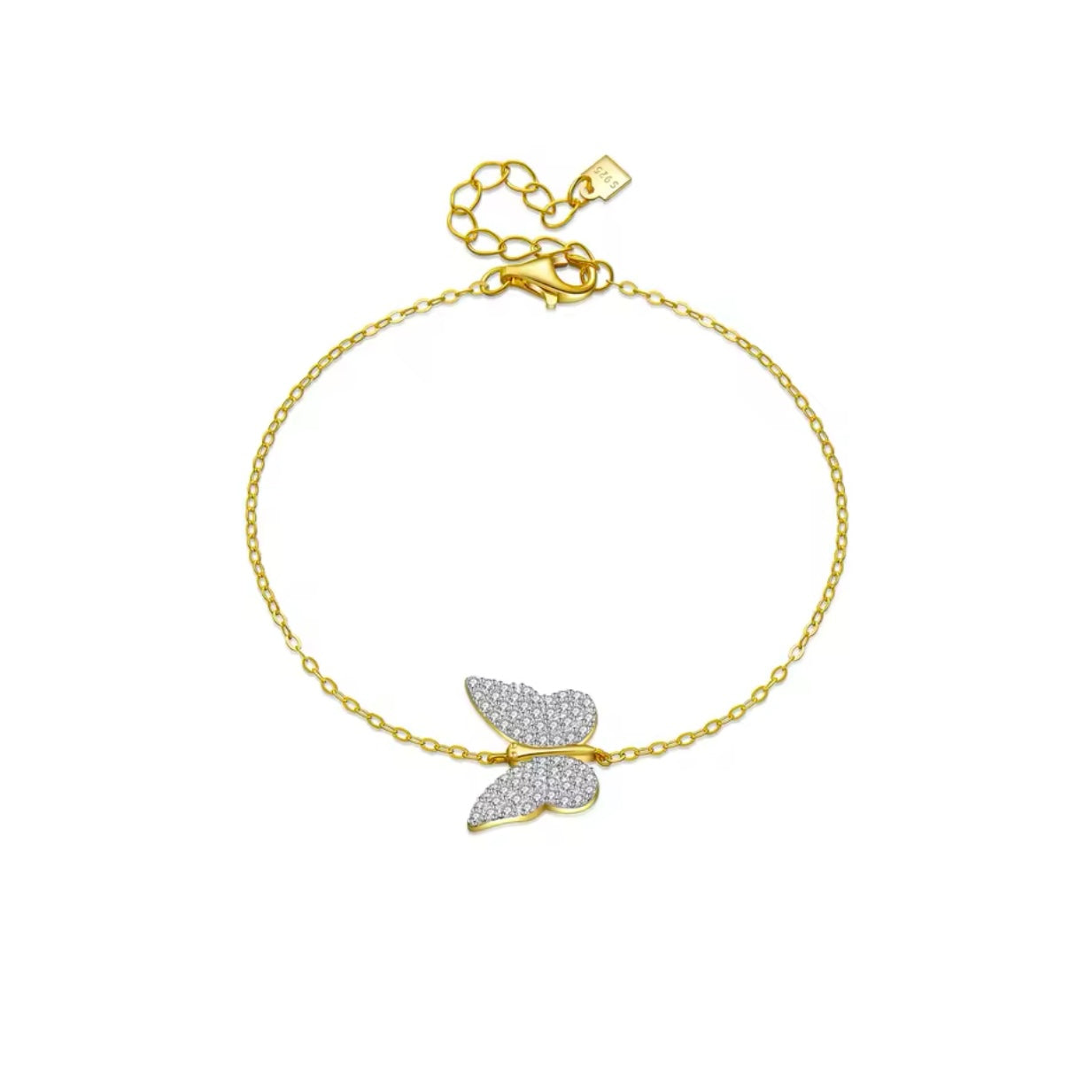 Cz Butterfly Chain Bracelet - 18k Gold Plated Over Sterling Silver with Adjustable Length