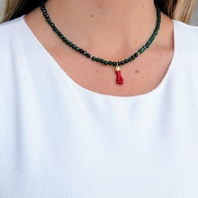 Load image into Gallery viewer, Figa Hand Necklace with Emerald Crystals – A Symbol of Protection and Good Luck, Gold Filled Accents, Handmade Spiritual Jewelry.
