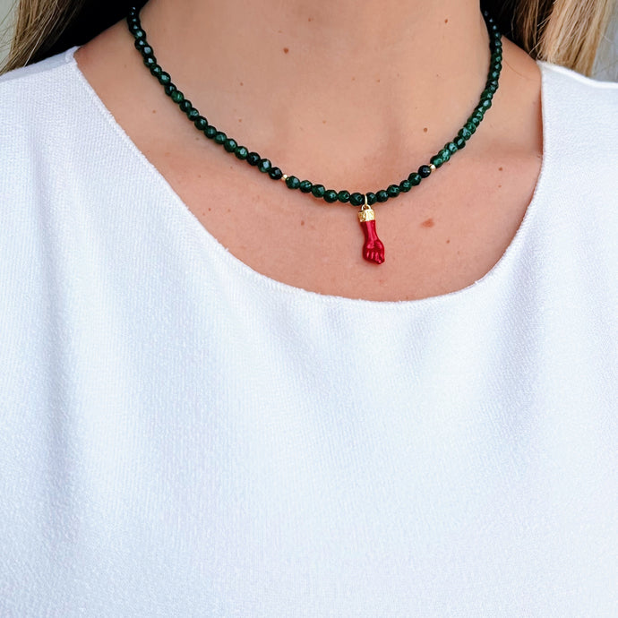 Figa Hand Necklace with Emerald Crystals – A Symbol of Protection and Good Luck, Gold Filled Accents, Handmade Spiritual Jewelry.