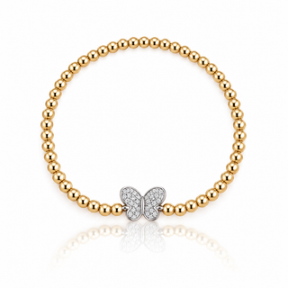 Butterfly gold beaded bracelet with 3mm 14K Gold Filled beads and 925 Sterling Silver cubic zirconia butterfly