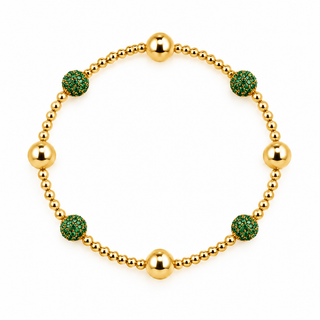 Gold Filled beaded bracelet with green cubic zirconia pavé balls and polished 5mm gold beads