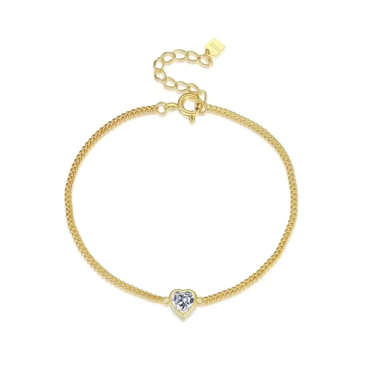 Cz Heart Chain Bracelet with a delicate heart charm, crafted in 18k gold-plated sterling silver.