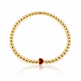 Tiny red heart gold beaded bracelet with 3mm 14K Gold Filled beads and 5mm 925 Sterling Silver heart