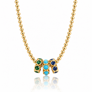 Gold beaded necklace with 3mm 14K Gold Filled beads and three Sterling Silver rondelles with turquoise and cubic zirconia