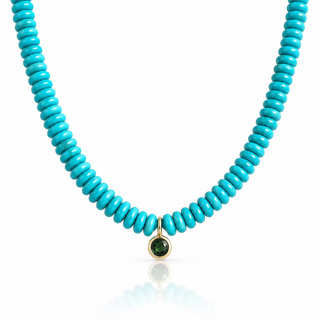 Turquoise beaded necklace with green cubic zirconia pendant and 14K Gold Filled details