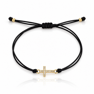 Black string bracelet with petite cubic zirconia cross and Gold Filled bead details
