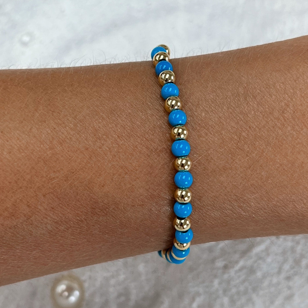  Blue & Gold Beaded Stretch Bracelet, Stackable Jewelry
