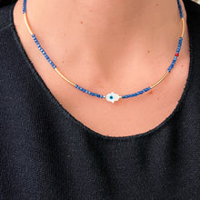 Load image into Gallery viewer, Protection &amp; Clarity Necklace – Mother of Pearl Hamsa with Blue Crystals
