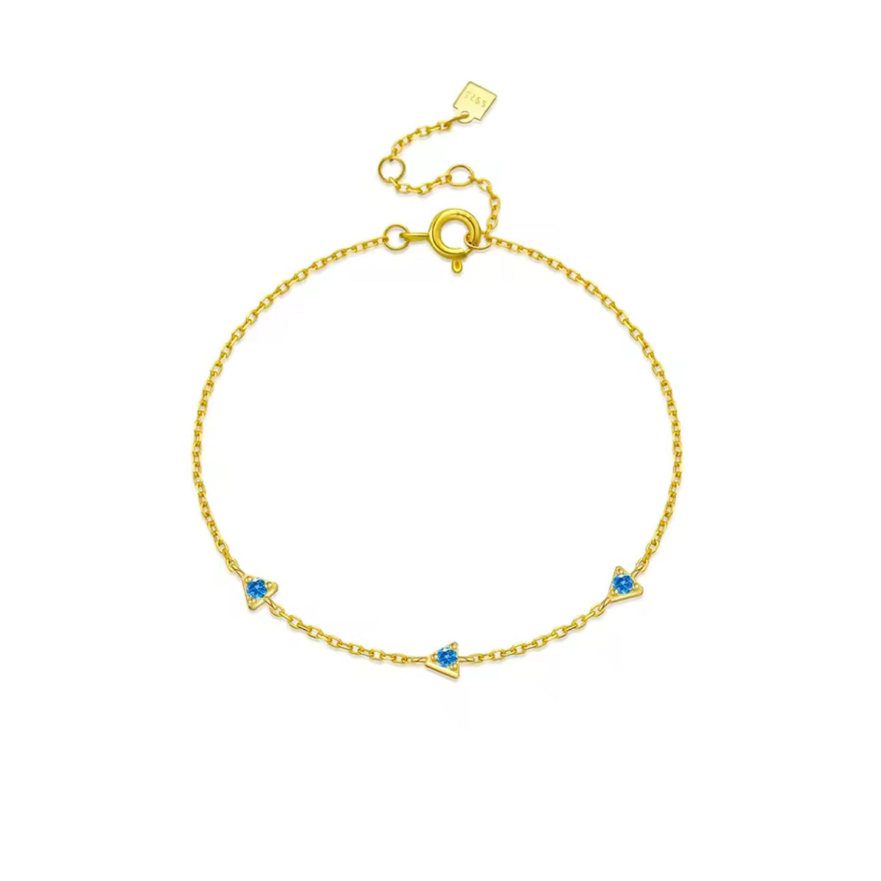 Blue Cz Triangle Chain Bracelet with a triangular charm set in 18k gold-plated sterling silver.