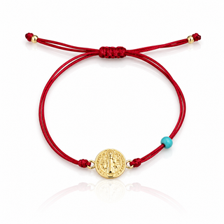 Garnet string Saint Benedict bracelet with 9mm gold-plated medal, turquoise accent and Gold Filled details