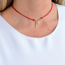 Load image into Gallery viewer, Protection, Good Luck &amp; Personal Style - Red Cord Necklace with Gold Cornicello &amp; CZ Initial
