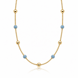 Close-up of light blue cubic zirconia ball accents and polished round gold beads on a delicate 14K gold-filled necklace.

