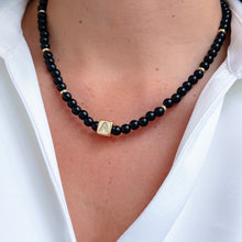 Load image into Gallery viewer, Black Onyx Bead Necklace with Cube Cz Initial Charm
