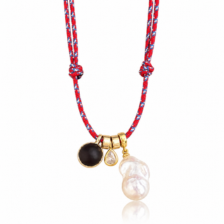 Adjustable paracord necklace with removable baroque pearl, natural Amazonian seed, cubic zirconia drop and Gold Filled beads