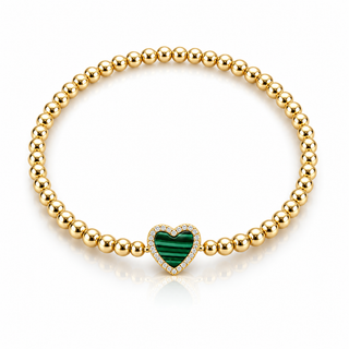 Malachite heart gold beaded bracelet with 3mm 14K Gold Filled beads and cubic zirconia details
