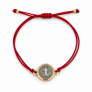 Two-tone Saint Benedict medal bracelet with garnet cord, Gold Filled beads and adjustable sliding closure