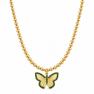 Green CZ butterfly gold beaded necklace with 2mm 14K Gold Filled beads and Sterling Silver butterfly pendant