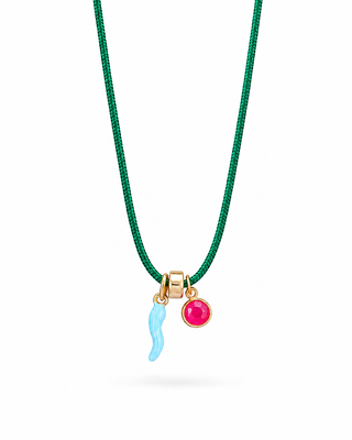 Blue Cornicello & Pink Chalcedony Cord Necklace 
