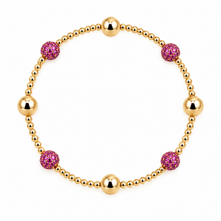 Gold Filled beaded bracelet with ruby-color cubic zirconia pavé balls and polished 5mm gold beads