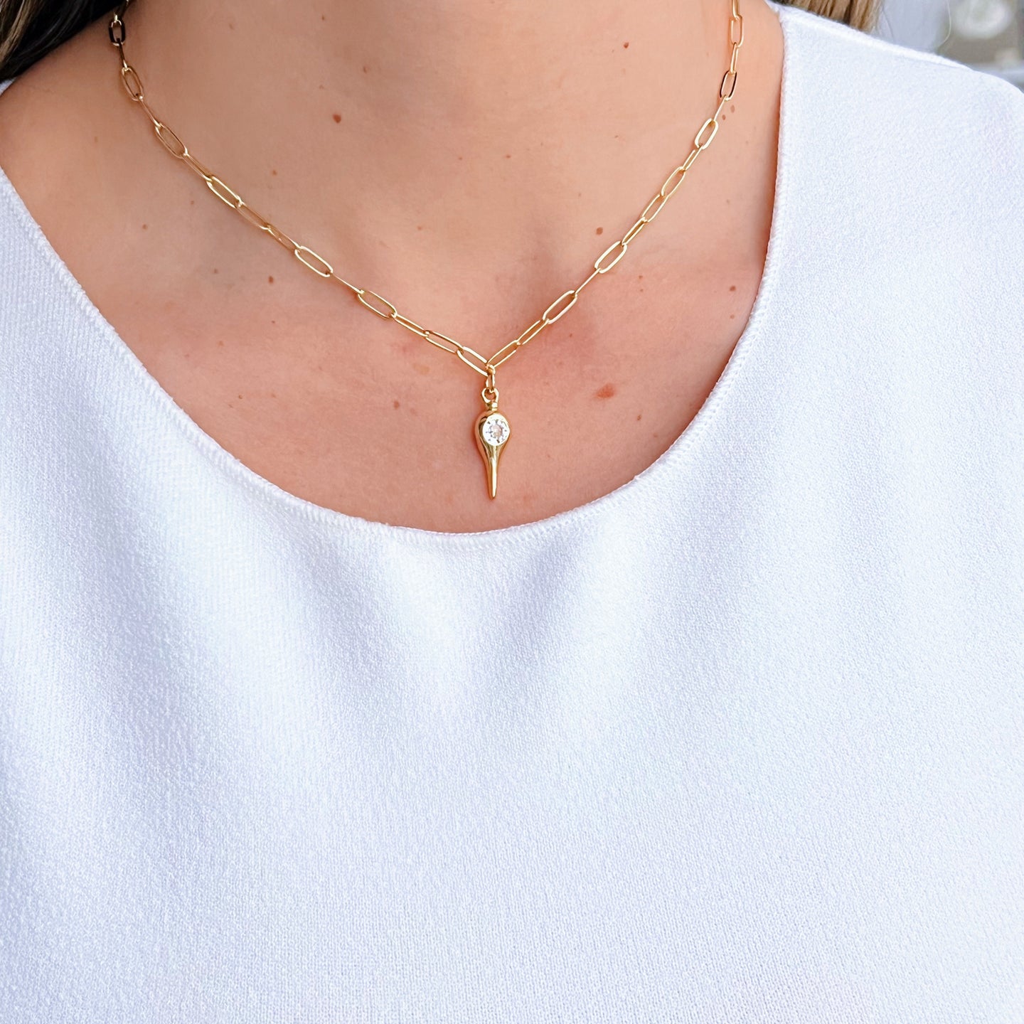 Protection Spike Necklace with CZ on Gold Paperclip Chain