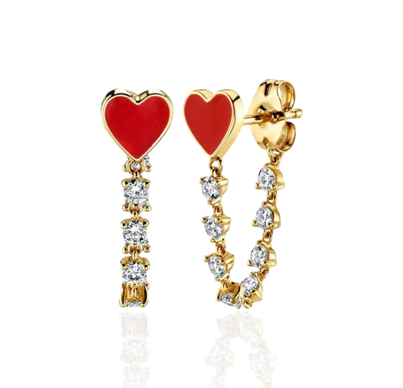 Cz Chain Red Heart Earrings