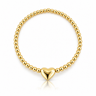Puffy heart gold beaded bracelet with 3mm 14K Gold Filled beads and 9mm sterling silver heart