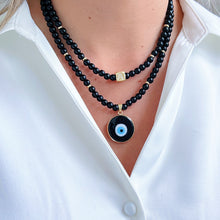 Load image into Gallery viewer, Black Onyx Bead Necklace with Cube Cz Initial Charm
