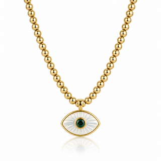 Mother of pearl evil eye necklace with 3mm 14K Gold Filled beads, Sterling Silver pendant and green cubic zirconia