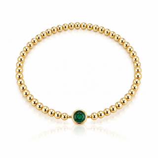 Emerald CZ gold beaded bracelet with 3mm 14K Gold Filled beads and 5mm emerald green cubic zirconia charm