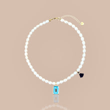 Load image into Gallery viewer, Blue Square Pearl Necklace with blue enamel square pendant and freshwater pearls.
