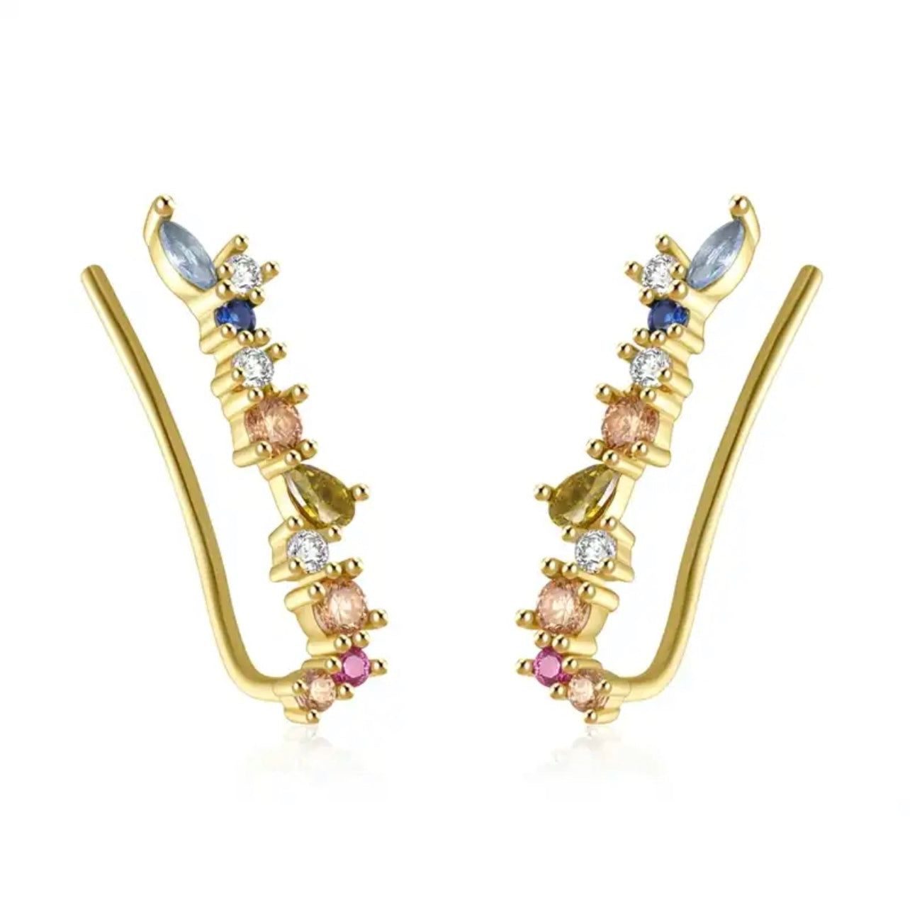 Multicolor CZ Ear Climbers in Gold-Plated Design with Sparkling Cubic Zirconia