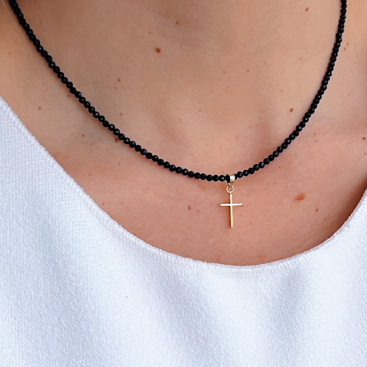 Faith & Protection - Black Spinel Necklace with 14K Solid Gold Cross - Georgina Nicol