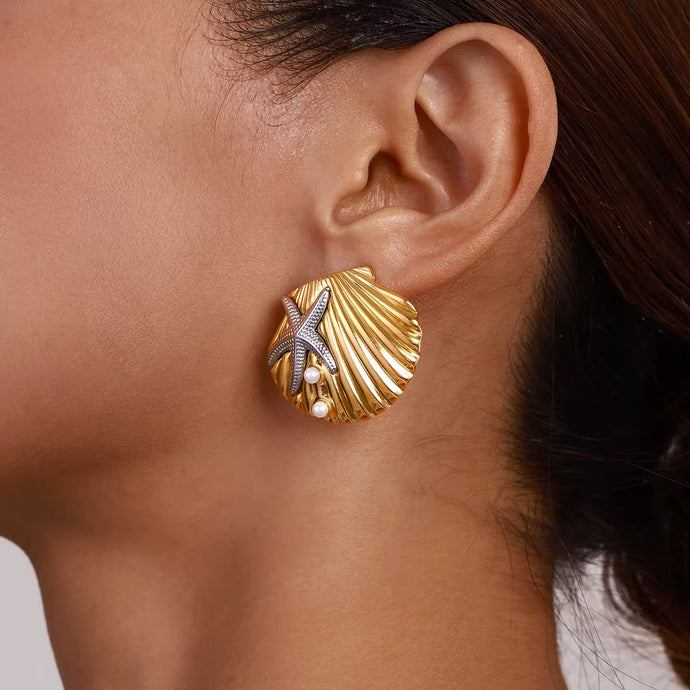 Gold Seashell Earrings with a Silver Starfish, two-tone design