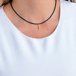 Good Luck & Protection - Black Spinel Necklace with 14K Solid Gold Cornicello - Georgina Nicol