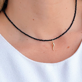 Good Luck & Protection - Black Spinel Necklace with 14K Solid Gold Cornicello - Georgina Nicol